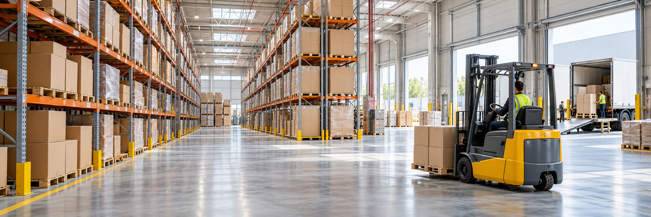 Depo koridorunda forklift ve yüksek raflar.